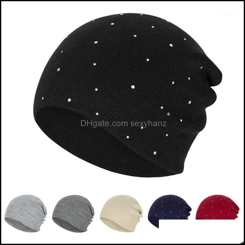 Beanie/Skl Hats, Scarves & Gloves Fashion Aessories Pearl Sklies Hat Women Solid Color Knitted Cotton Female Winter Beanies Caps Soft Warm H