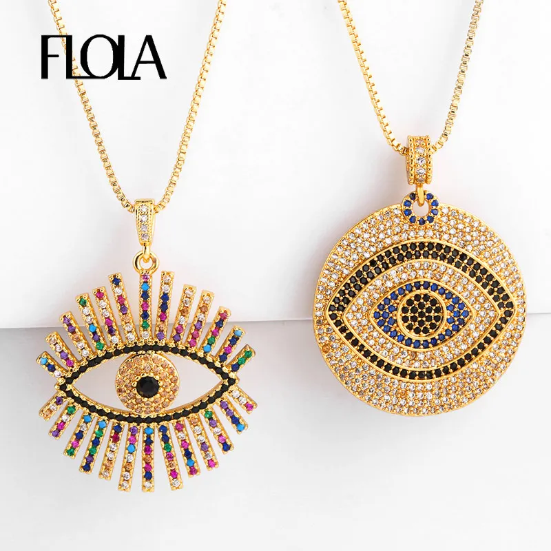 FLOLA Gold Filled Greek For Woman Zirconia Evil Eye Pendant Necklace CZ Rainbow Jewelry collar de ojo turco nkep47