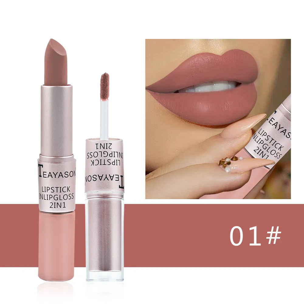 Teamason 1 St Double-Head Matte Lip Gloss Langdurige Waterdichte Vloeibare Lipstick Kies de huid Kleur Perfecte Lippen 2021