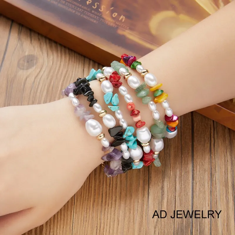 Boheemse stijl Kleurrijke natuursteen Onregelmatige parel strengen armbandandje voor geschenk
