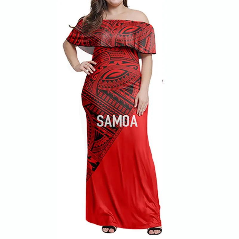 Abiti taglie forti Hycool Abbigliamento samoano polinesiano estivo all'ingrosso Ruffle Off-spalla Bodycon Maxi abito Festa di nozze Rosso