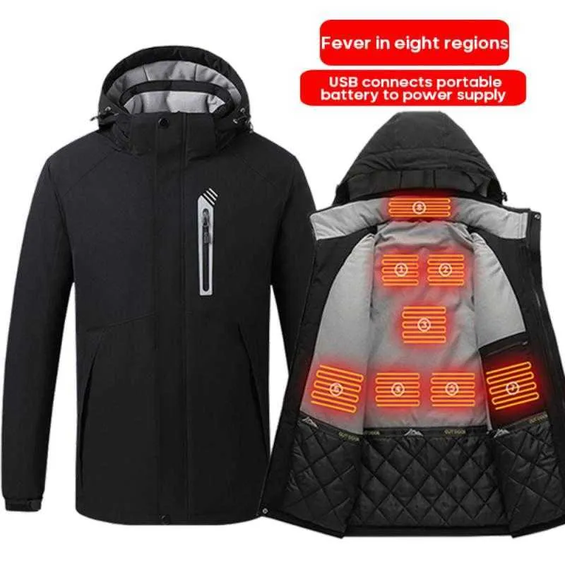 Electric Heated Jackets Bomull Mens Kvinnor Outdoor Coat USB Uppvärmning Hooded Jackor Thermal Warmer Jackor Vinter Utomhus 211013