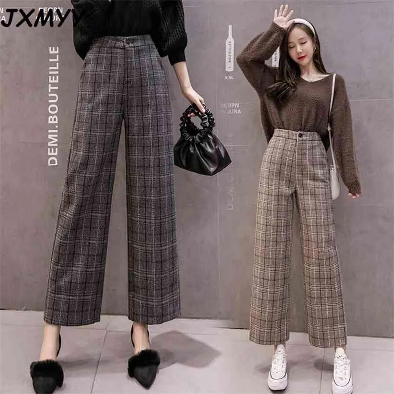 Automne hiver laine Plaid pantalon femmes élastique taille haute cheville longueur pantalon grande taille Harajuku jambe large pantalon Goth 210925