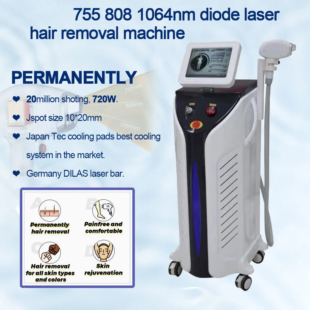 Macchina per la depilazione efficace e indolore con laser a diodi a 3 lunghezze d'onda 808nm con 755nm 808nm 1064nm per tutti i peli della pelle di colore