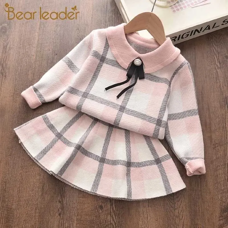 Bear Leader Winter Autumn Girl Dress Children Clothes Kids Dresses for Girls Plaid Dress Bow Knitted Sweater Toddler Girl Dress 210708