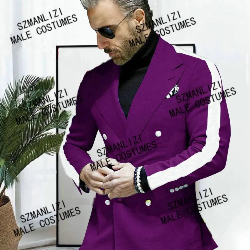 Ternos Masculinos Blazers Últimas Projetos Roxo Dupla Breasted Wedding Terno Prom Homens Noivo Tuxedo Homem Blazer Traje Homme 2 Peças