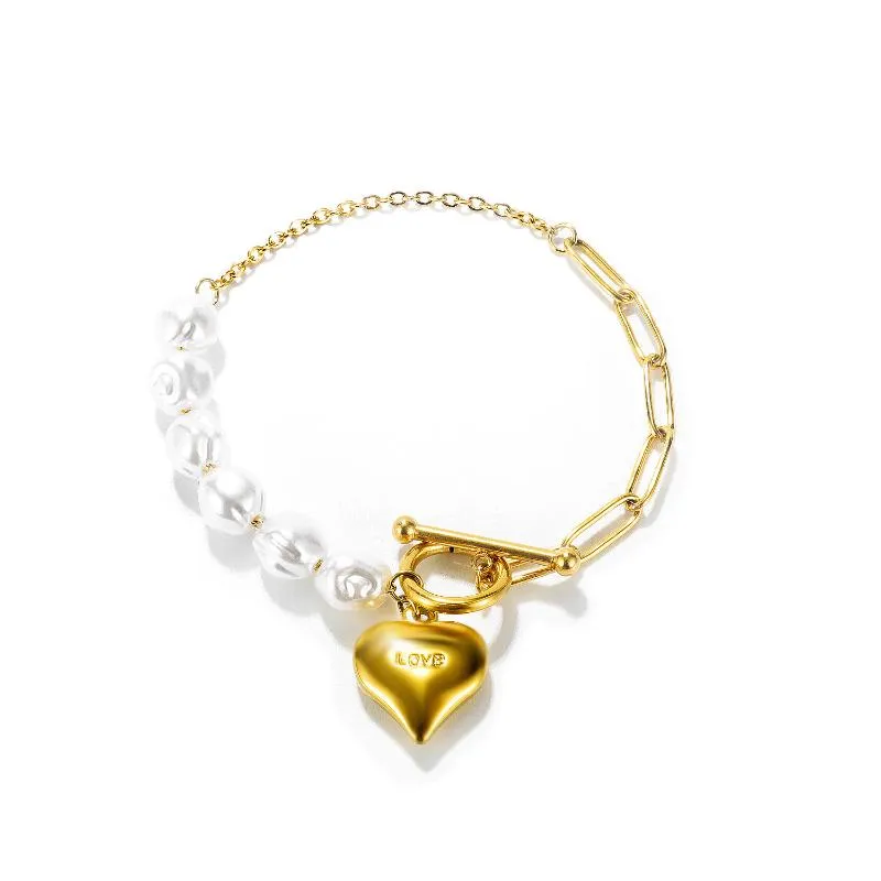 Link, Chain Heart Woman Bracelet Design Stitching Pearl Stainless Steel Buckle Gold Rose Luxury Suitable Banquet Venues