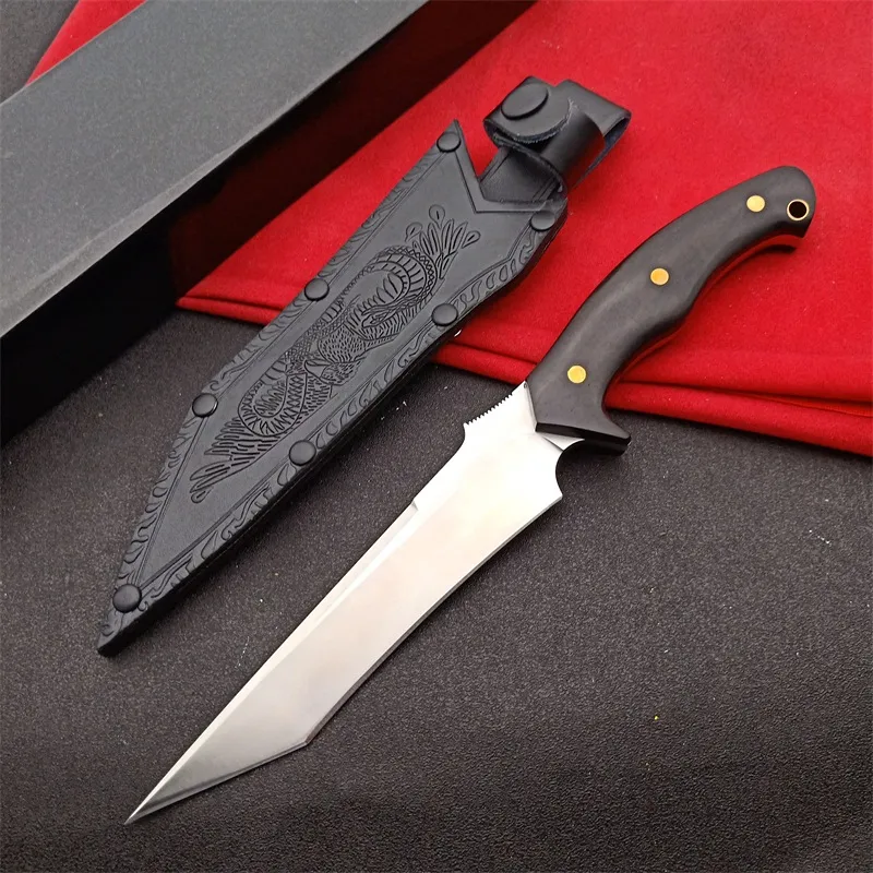 New 238 Survival Straight Knife DC53 Satin Tanto Point Blade Full Tang Ebony Handle Fixed Blade Tactical Knives With Leather Sheath