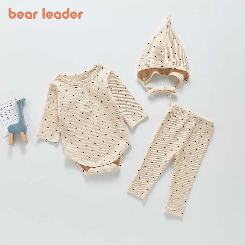 Bear Leader Fashion Korean Stil Baby Boys Tjejer Kläder Satsar Borns Casual Dot Kläder Toddler Söt Bodysuit Med Mössor 210708