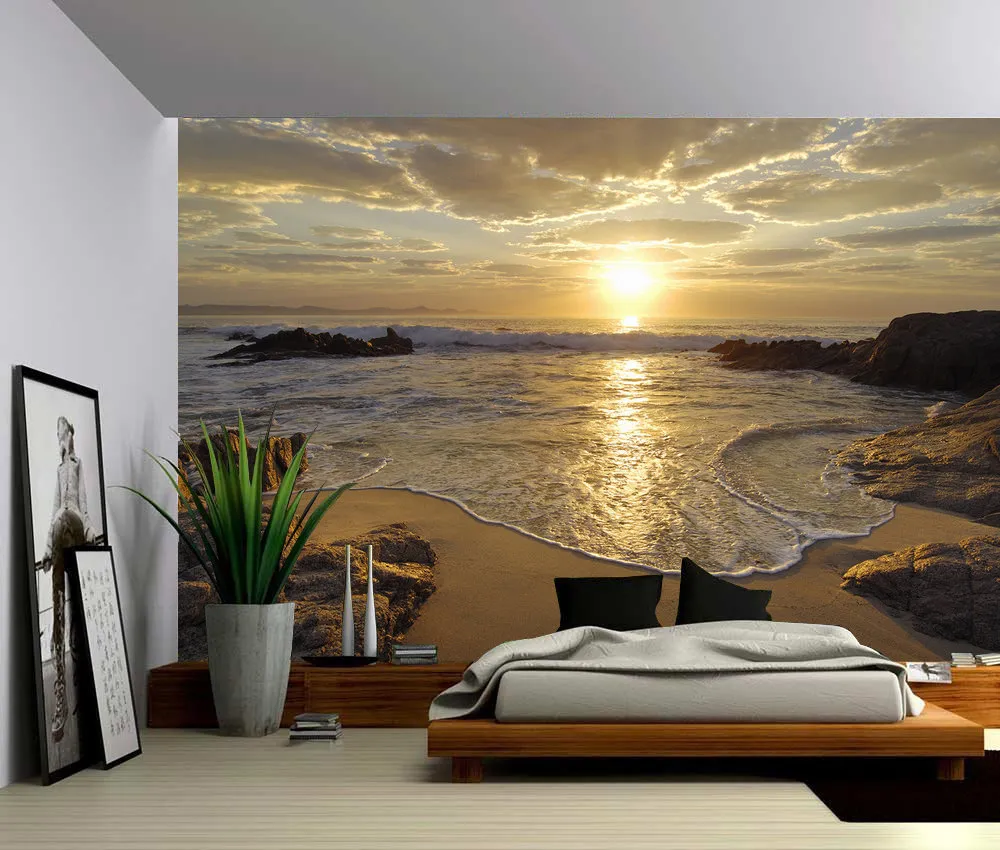 USTOM 3D Photo Fond d'écran Sunrise Sea Ocean Wave Sunset Beach Poster mural Stickers mural Accueil Décor Vinyle Décor amovible