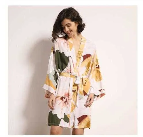 Vêtements de nuit Robe printemps mince coton-soie femmes chemise de nuit fleur imprimé à manches longues pyjamas peignoir pour femme 210924