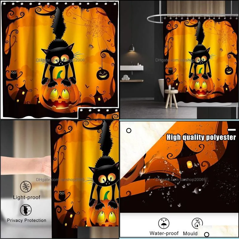 Shower Curtains Halloween Fabric By Ho Me Lili Curtain For Bathroom Scary Black Cat Catching Pumpkin Printed Christmas Kitchen Decor