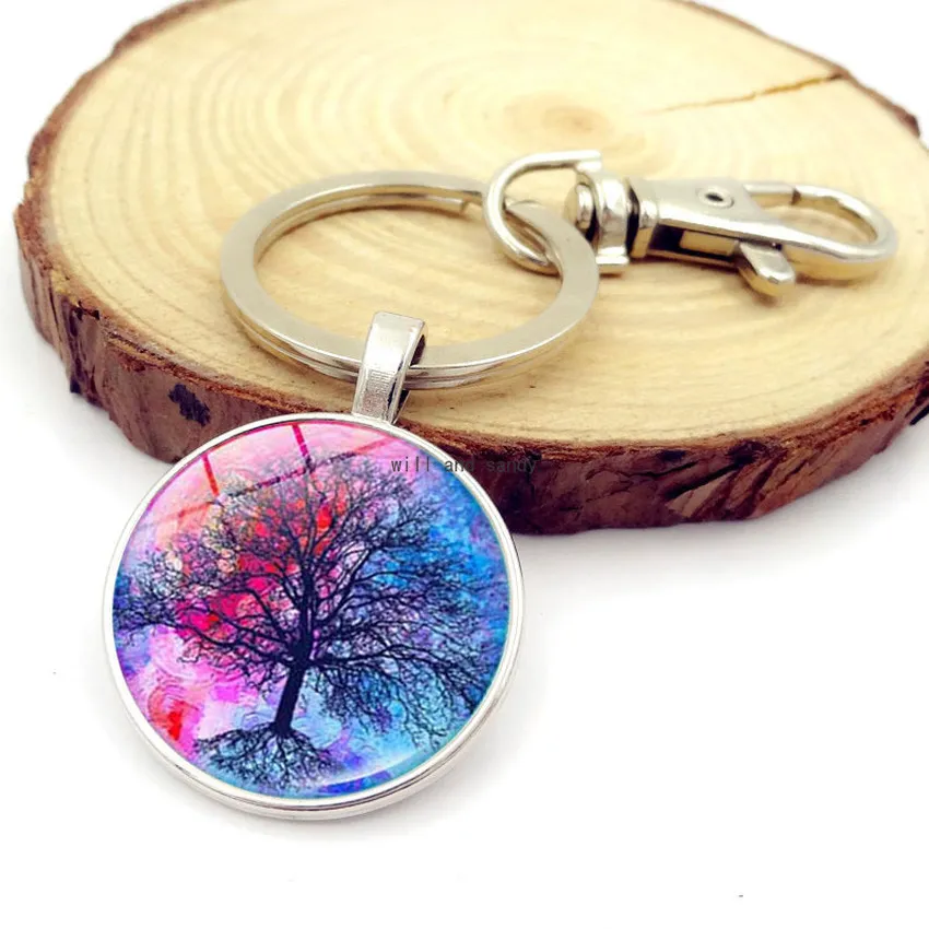 Plant Tree of Life Glass Cabochon Key Ring Time Gem Keychain Bag Hanging Woman Man Fashion Jewelry Will and Sandy