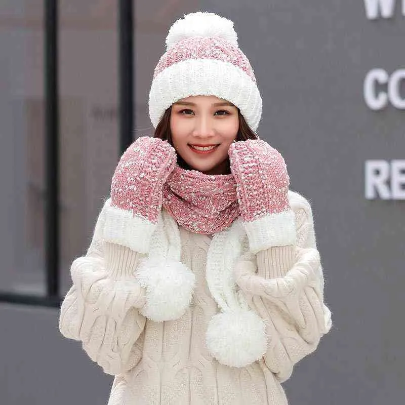 Fashion Korean Women Winter Hat Scarf Gloves Set Grey White Pink