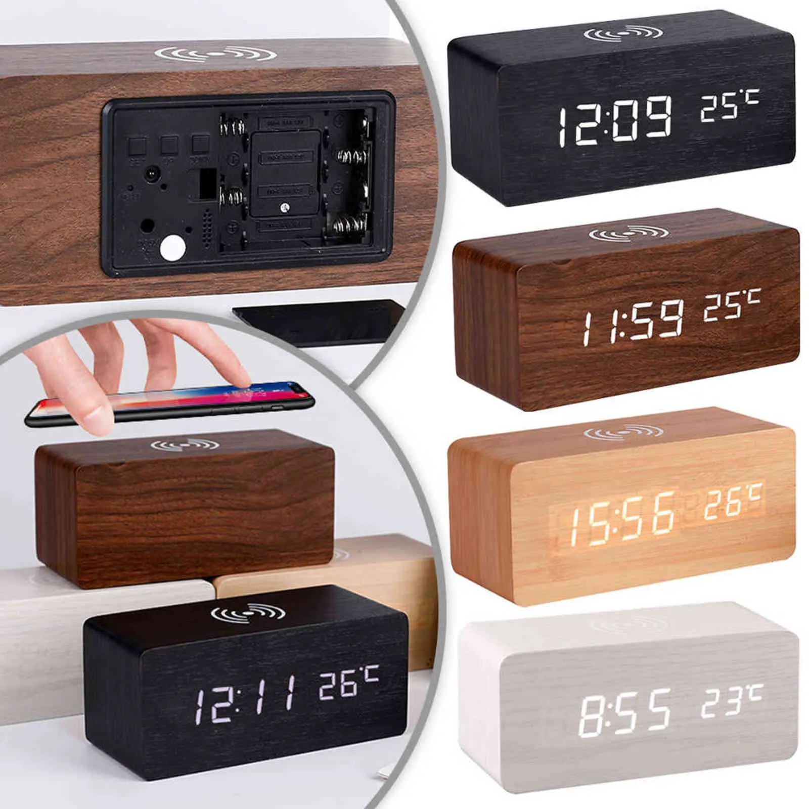 Moderne houten hout Digitale LED Desk-wekker Thermometer Draadloze oplader met Qi Draadloze Opladen Pad Wekker LED 211111