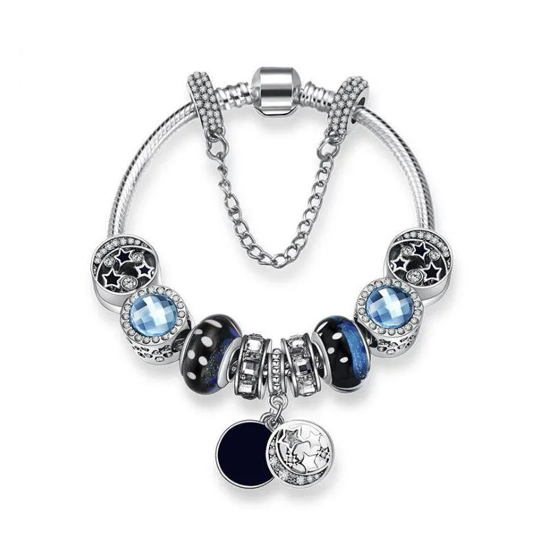 Neue 925 Silber Original Pandoras Blue Star Mond Kristall Armband Glas Charme Perle Anhänger Armbänder Für Frauen DIY Schmuck Geschenke