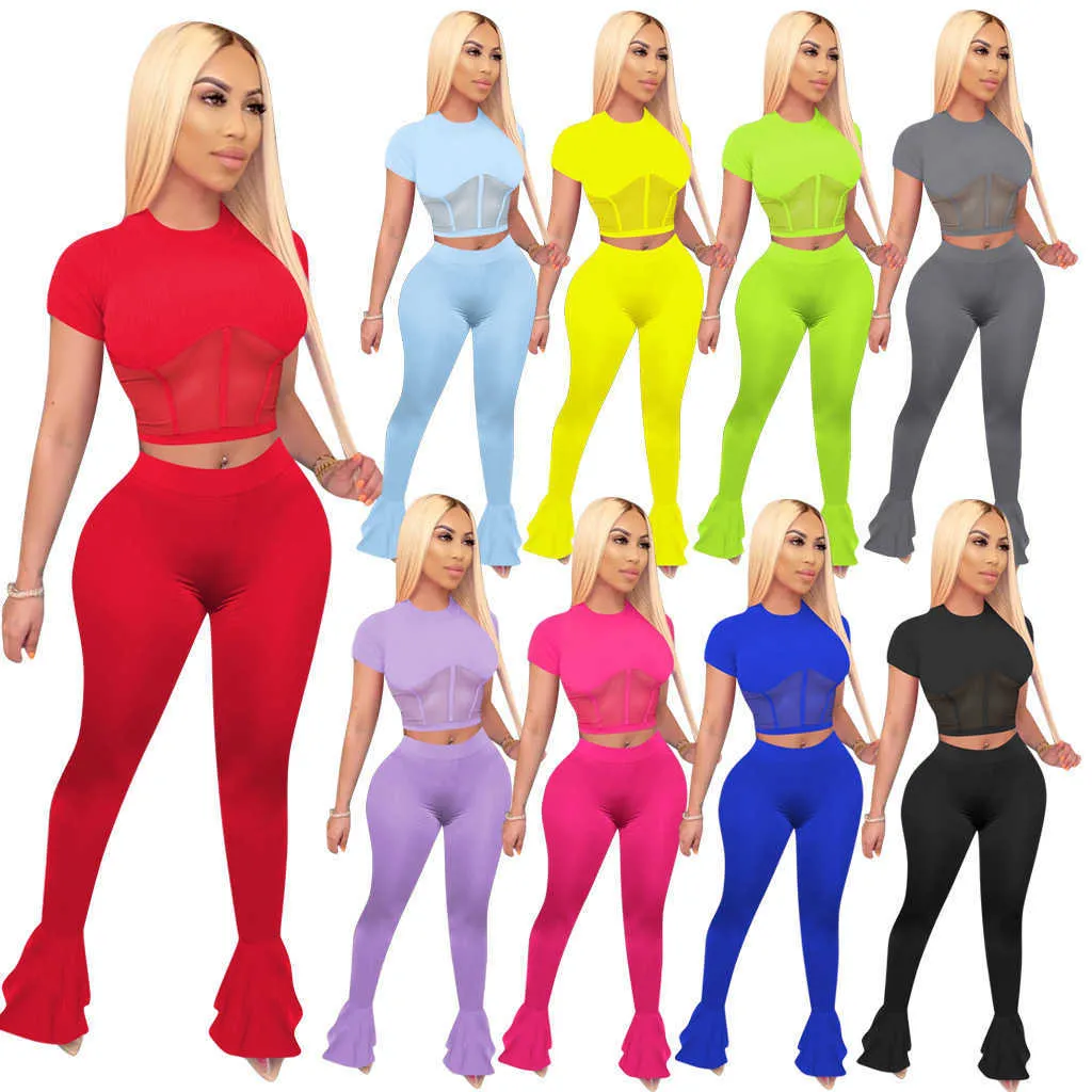 Women Two Piece Outfits Sexy Short Sleeve Mesh Top T-shirt New Style Woman  Tight Trousers 2 Pieces Pleated Long Pants Sets