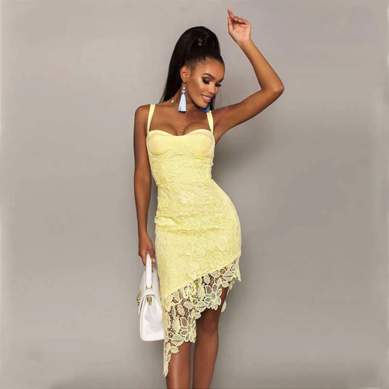 Sexy Lace Hollow Bandage Dress Summer Spaghetti Belt V-neck Sling Mid-length Dress White Yellow Sleeveless Vestidos 210625