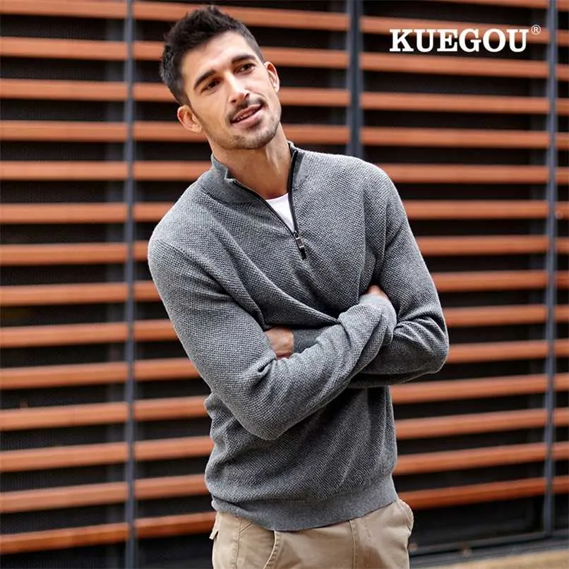 KUEGOU 100% Cotton Autumn Winter Clothing Mens sweater Semi-high Collar fashion Semi-placket Turtleneck Top Plus Size AZ-32007 211221