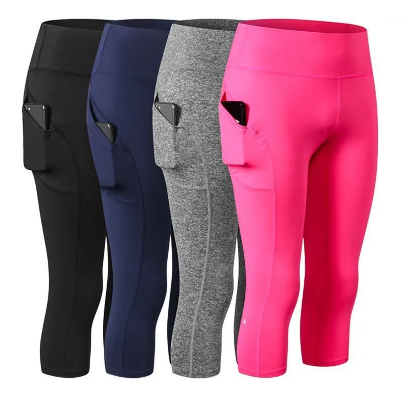 Running Pants Women Capri For Sport High Slim Waist Pocket Leggings 3/4 Yoga Compression Tights Gym Fitness Clothing Sportswear1