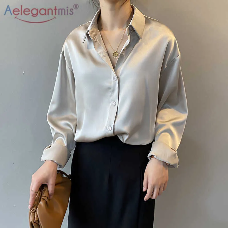 Aelegantmis Élégant Vintage Bouton Chemise Femmes Solide Lâche À Manches Longues Blouse Lisse Mode 4 Couleur pour Femme 210607