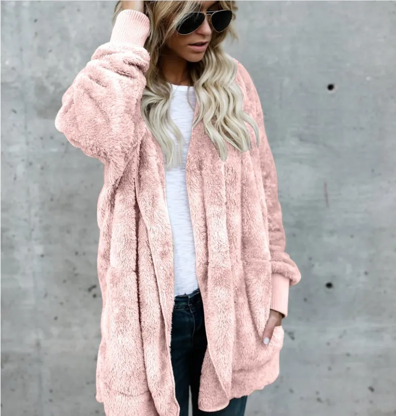 Womens Faux Fur Jackets Outerwear Winter Hooded Velvet Coats Pocket Design Loose Coats Women Clothing Warm Soft Outerwear Tops