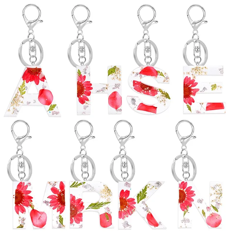 Cute Acrylic Dried Flower Letter Keychains Alphabet Crystal Women Key Chains Ring Car Bag Tassels Pendent Charm Gift Key Holder