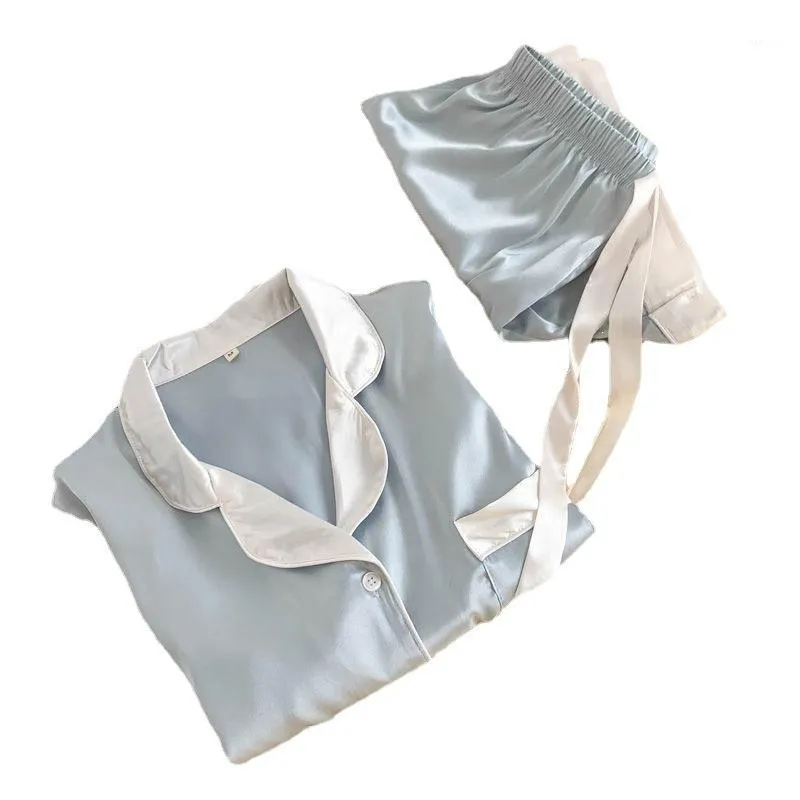 Kvinnors Sleepwear Ice Silk Pyjamas 2021 Sommar Tunn V-Neck Style Enkel Andningsbar Bekväm Cool Hem Kortärmad Shorts Suit
