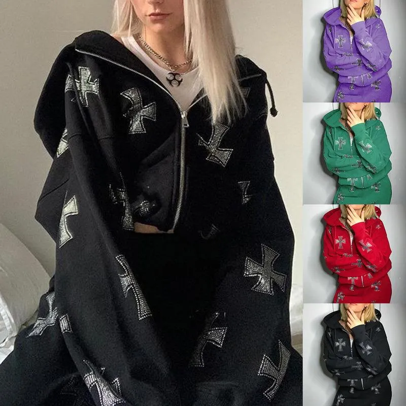 Luvtröjor herr Tröjor Rhinestone Gothic Streetwear Långärmad svart luvtröja med dragkedja Y2k Hip Hop Joggingtröja Koreanskt mode Punk Spo