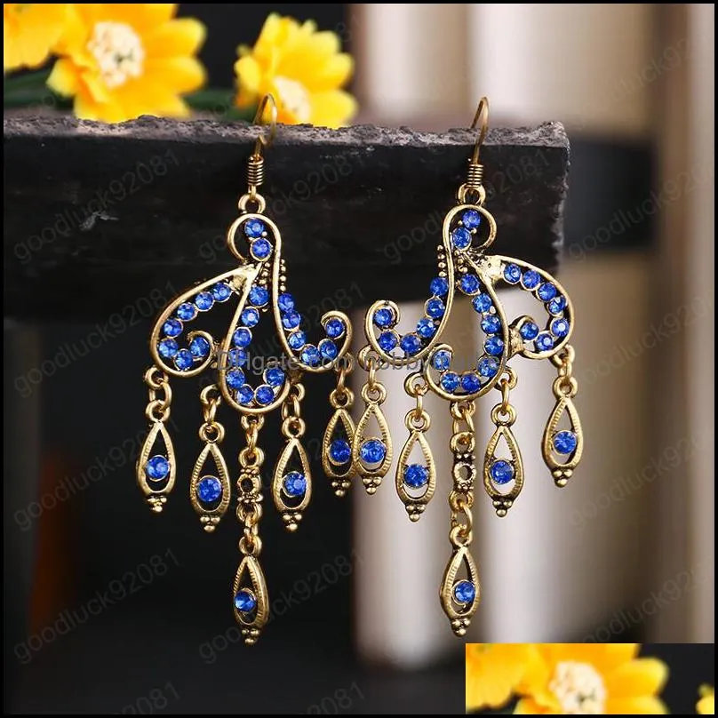 Waterdrop Women`s Geometric Flower Dangle Earring Boho Ethnic Blue Crystal Rhinestone Alloy Indian Earrings Vintage Jhumka Jewelry