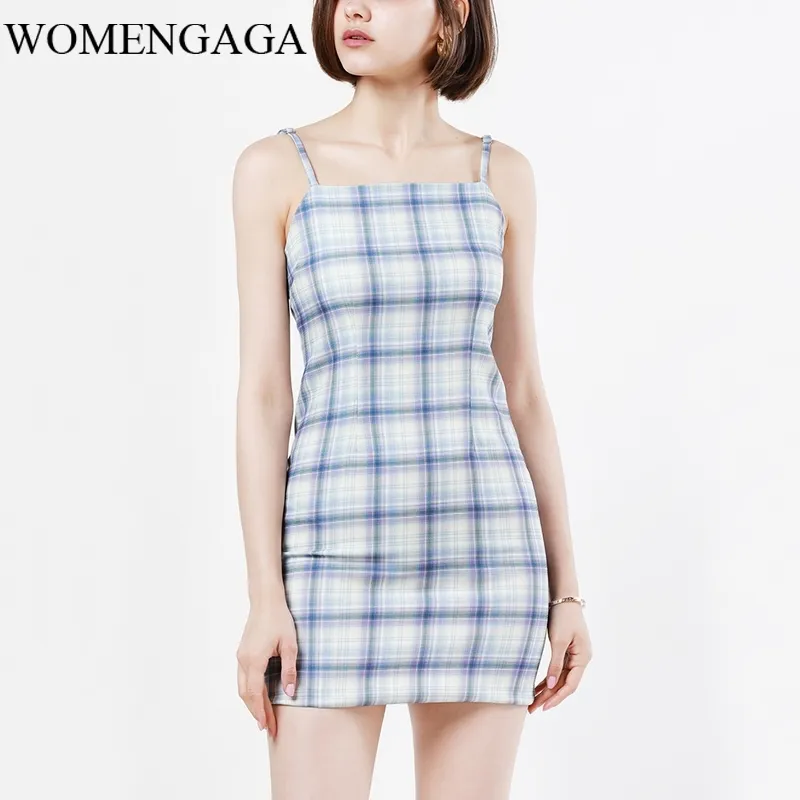 Summer Girl Femelle Europe Femmes Square Col Cami Bretelles Plaid Mini Robe Violet Bleu VEO6 210603