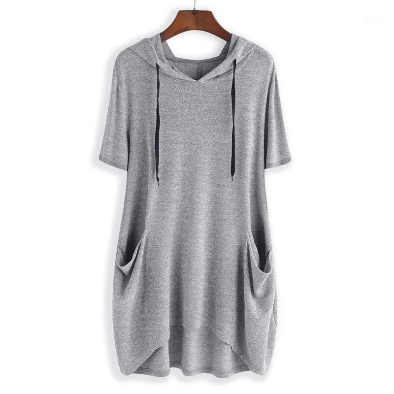 Women's T-Shirt 4# Oversized Split Hooded T Shirts Women Casual Solid Cat Ear Short Sleeves Pocket Top Drawstring Pockets