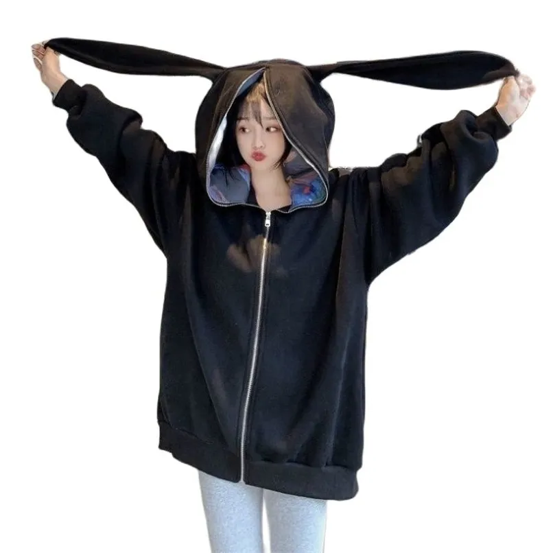 Harajuku kawaii kanin öron hoodie kvinnor mode topp kappa vinter varma överdimensionerade lösa tjocka zip up sweatshirt tjej söta kläder 211104