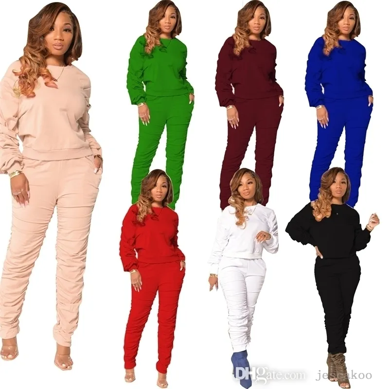 Tute da donna Set da 2 pezzi Casual a maniche lunghe con increspature Top Leggings Completi da donna Maglione allentato Abbigliamento da jogging