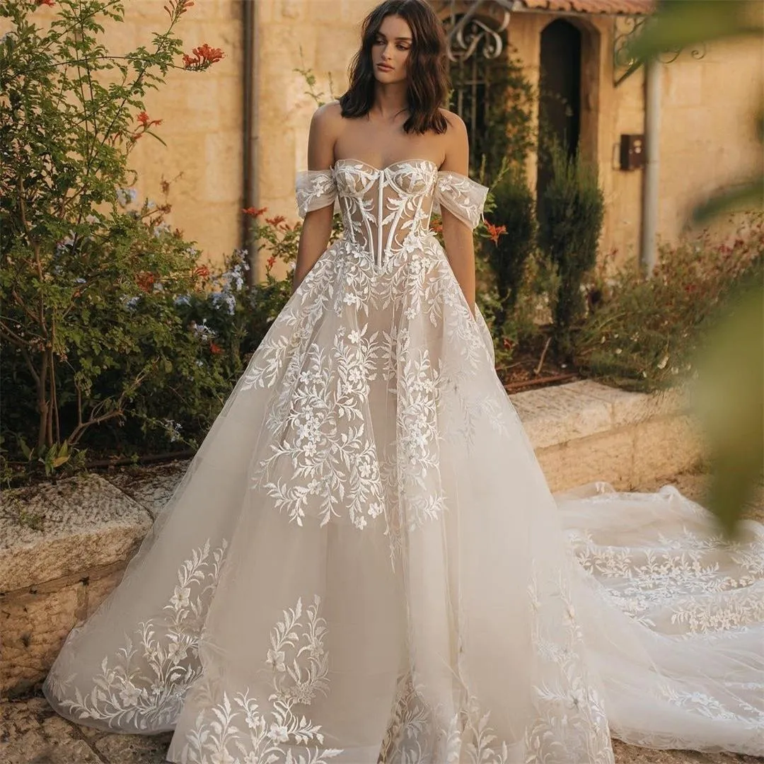 2022 Boho A Line Wedding Dresses Illusion Lace Applique Bridal Gowns Sheer Off the Shoulder Sexy vestido de novia