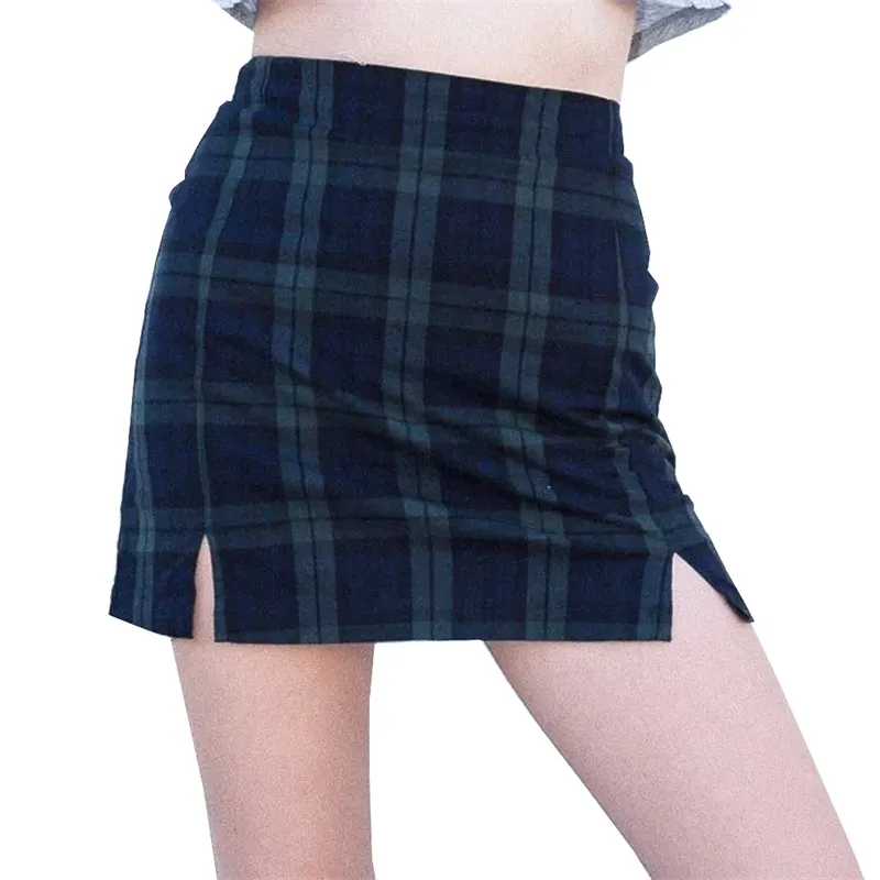 Streetwear Slim Tartan Green Harajuku Plaid kjolar Kvinnor Hög midja delad kort kjol Sexig kvinnor a-line mini za xn 210309