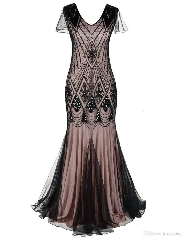 QUALITY Plus Size Women 1920s Vintage Long Prom Gown Beaded Sequin Mermaid Gatsby Party Evening Dress with Sleeve