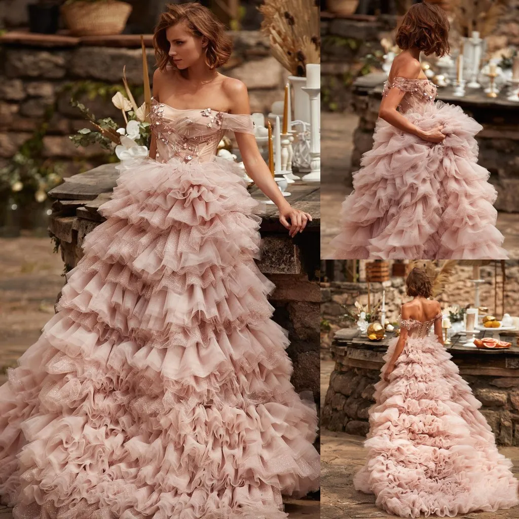 Blush Beaded Wedding Dresses Off The Shoulder Neck A Line Tiered Ruffles Bridal Gowns Sweep Train Tulle robe de mariée