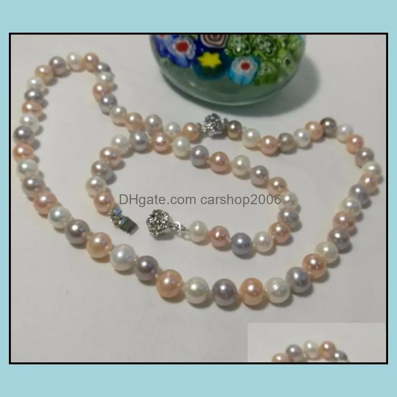 8-9mm Mixed Colors Natural Pearl Beaded Necklace+ Bracelet 925 Silver Clasp Women`s Gift Jewelry