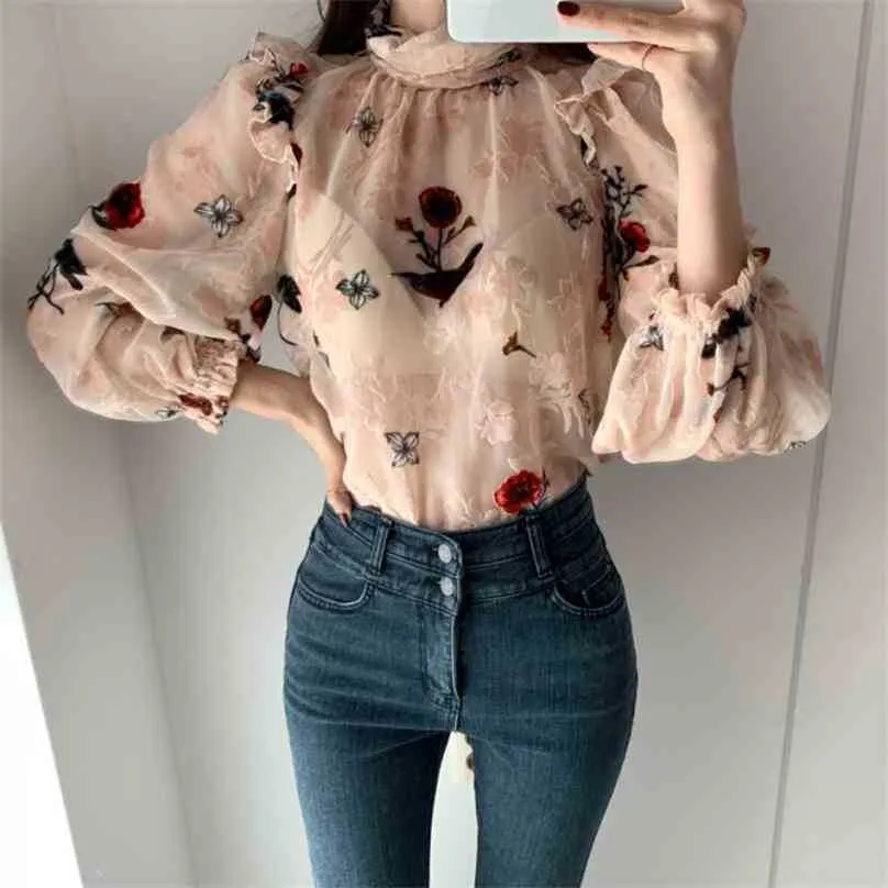 Retro Moda Mulheres Camisa Floral Printing Stand Collar Vintage Loose Alta Qualidade All Match Casual Top Blusas 210525