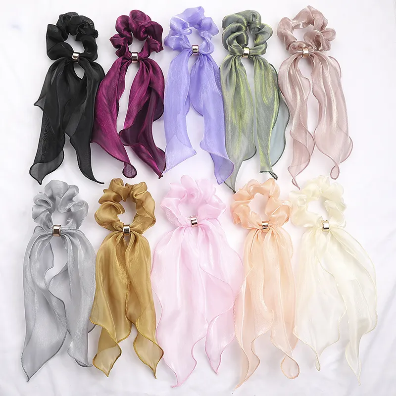 Kvinnor Solid Color Bow Scrunchies Ponytail Pannband för kvinnor Hårtillbehör Bowknot Elastic Hair Rope Hairbands Glitter Yarn