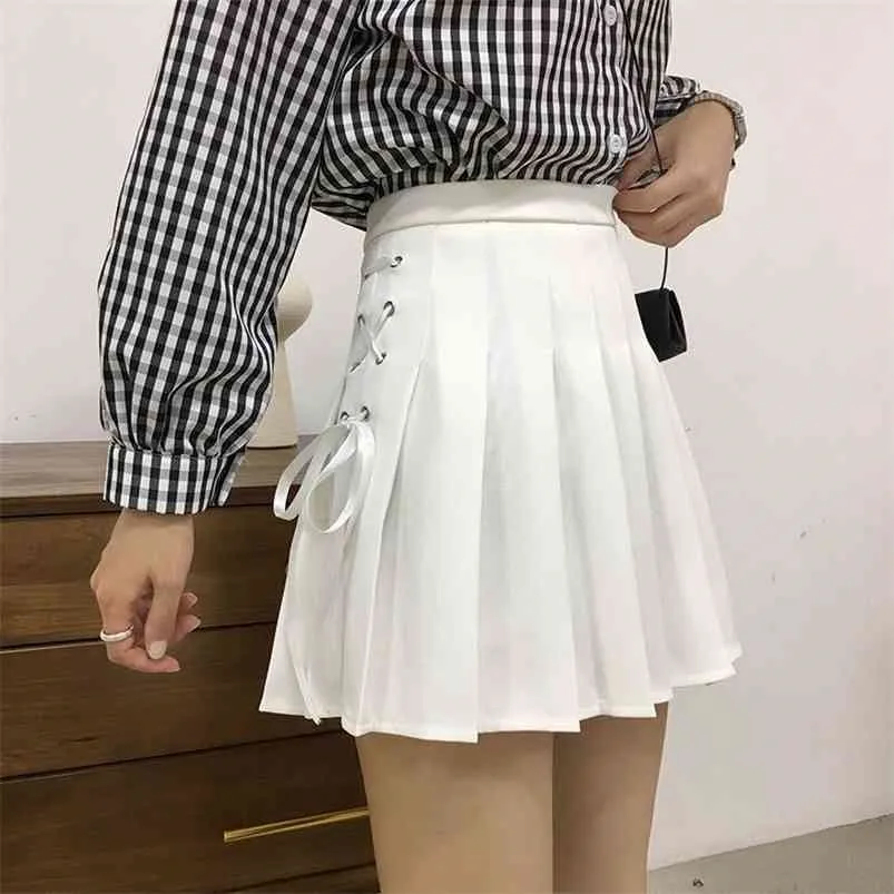 Mulheres plissadas saia verão sólido uma linha alta cintura mini saias harajuku gótico punk hip hop arco lace-up preppy meninas sexy saia 210730