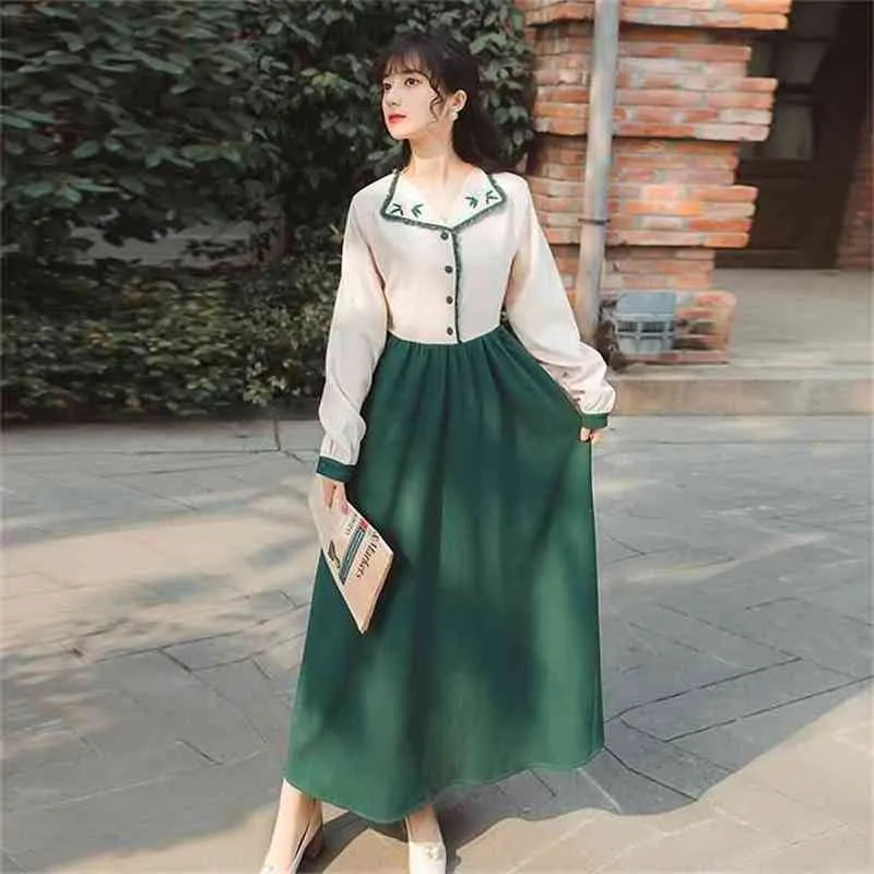 Spring Long Women Dress Vestidos Fit and Flare Shirt Dresses Full Sleeve Mid-Calf Female Elegant Floral Embroidery 210603