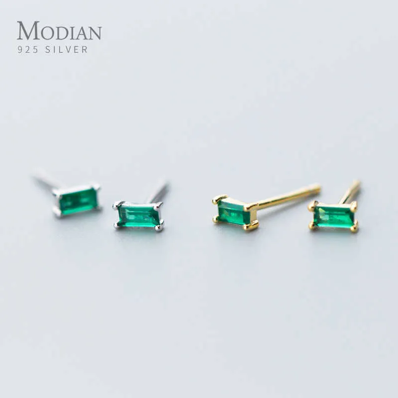 Silver Small Tiny Green Zircon Stud Örhängen 100% 925 Sterling Emerald Cut Crystal Studs Ear För Kvinnor Smycken 210707