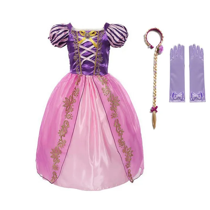 Flickor Rapunzel Dress Puff Sleeve Tangeled Fancy Cosplay Princess Kostym för födelsedagsfest Barn Halloween Outfit Kläder 210317