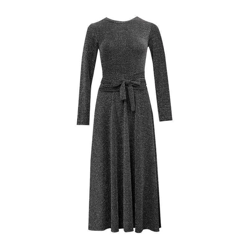 PERHAPS U Gray Lurex O Neck Full Sleeve A Line Sash Maxi Dress Long Elegant Winter Autumn D0748 210529