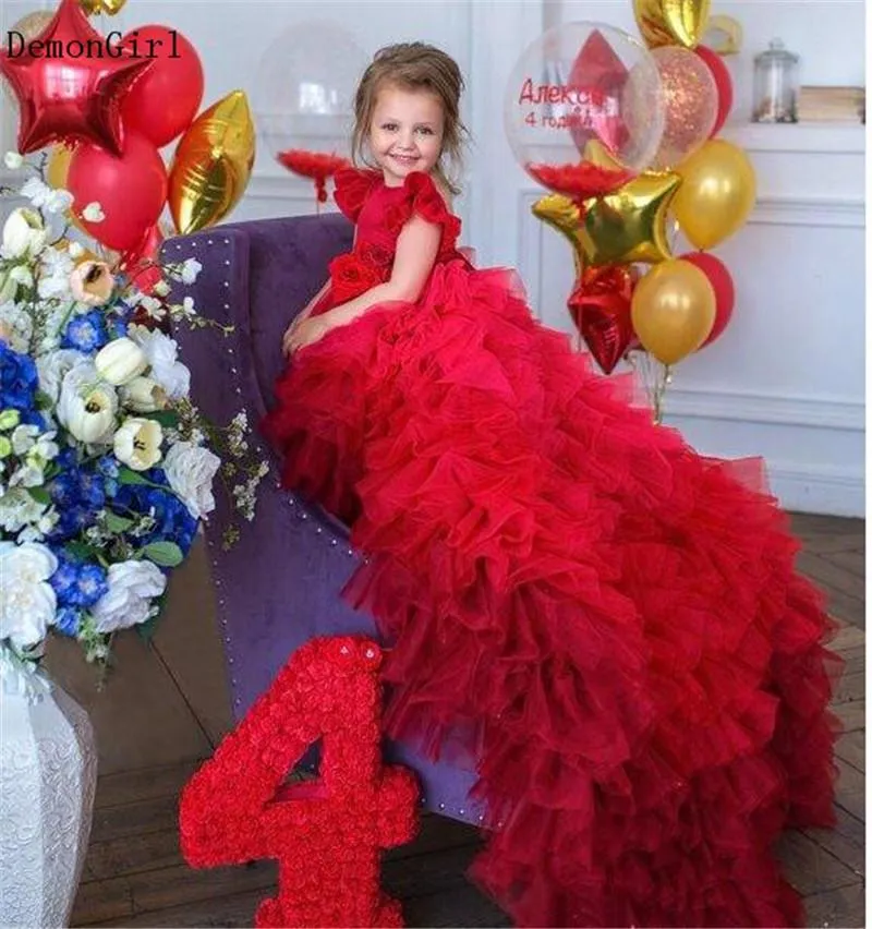 Vestidos da menina vermelhos meninas inchadas aniversário com longo trem o pescoço sem costas princesa vestido de festa para a pografia de ocasião especial