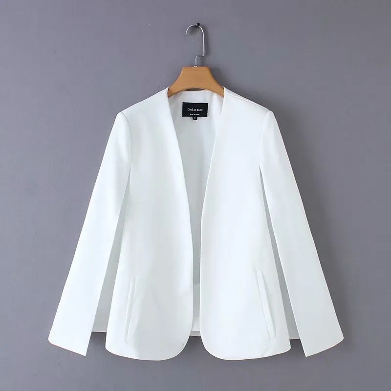 Women elegant black white color v neck split casual cloak coat office lady wear outwear suit jacket open stitch tops CT237 210603