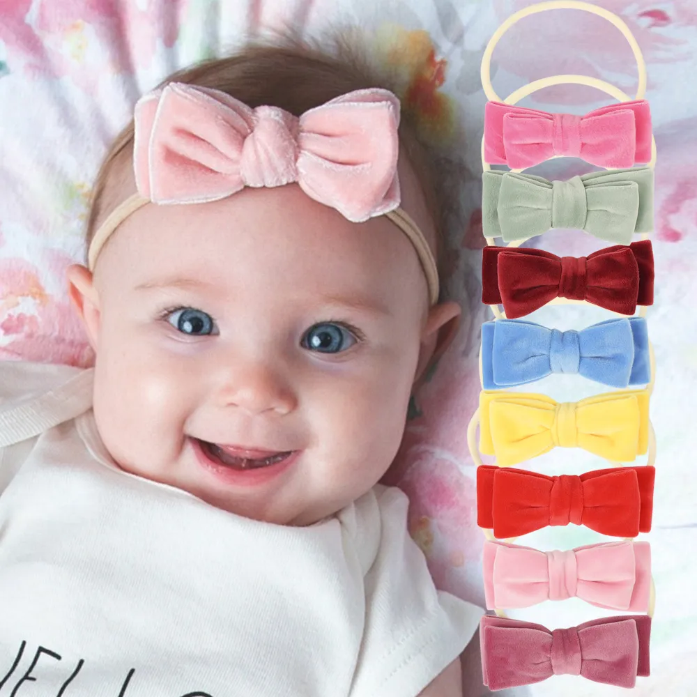 Baby Girls Headbands Kids Bow Nylon Bowknot Hairbands Elástico Niños Accesorios para el cabello Princess Velvet Headwear Colores sólidos KHA291