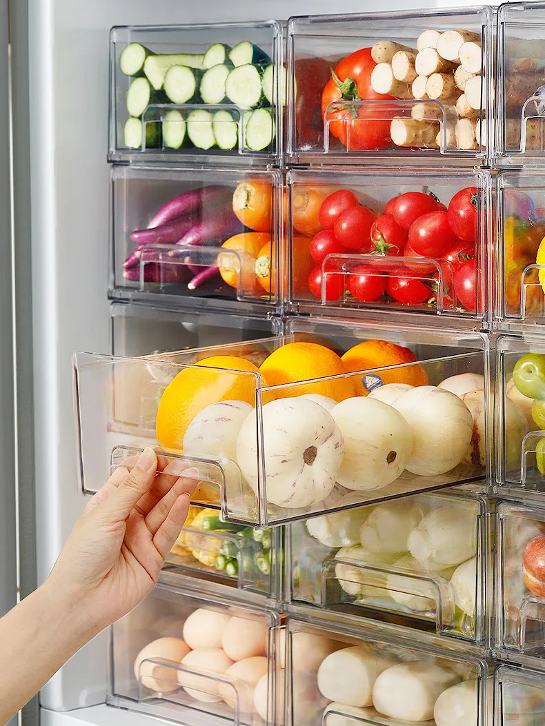 Caixa de armazenamento de geladeira Limpar alimentos de armazenamento de alimentos frutas vegatable congelador congelador empilhável armário gaveta de cozinha organizador 210309